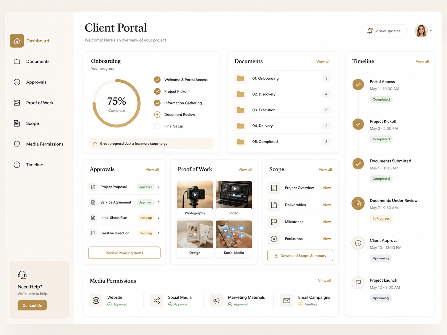 Client portal preview showing documents, approvals, proof of work and project scope