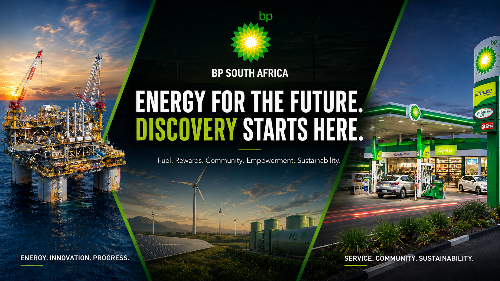 BP South Africa banner with Energy for the Future and Discovery Starts Here message