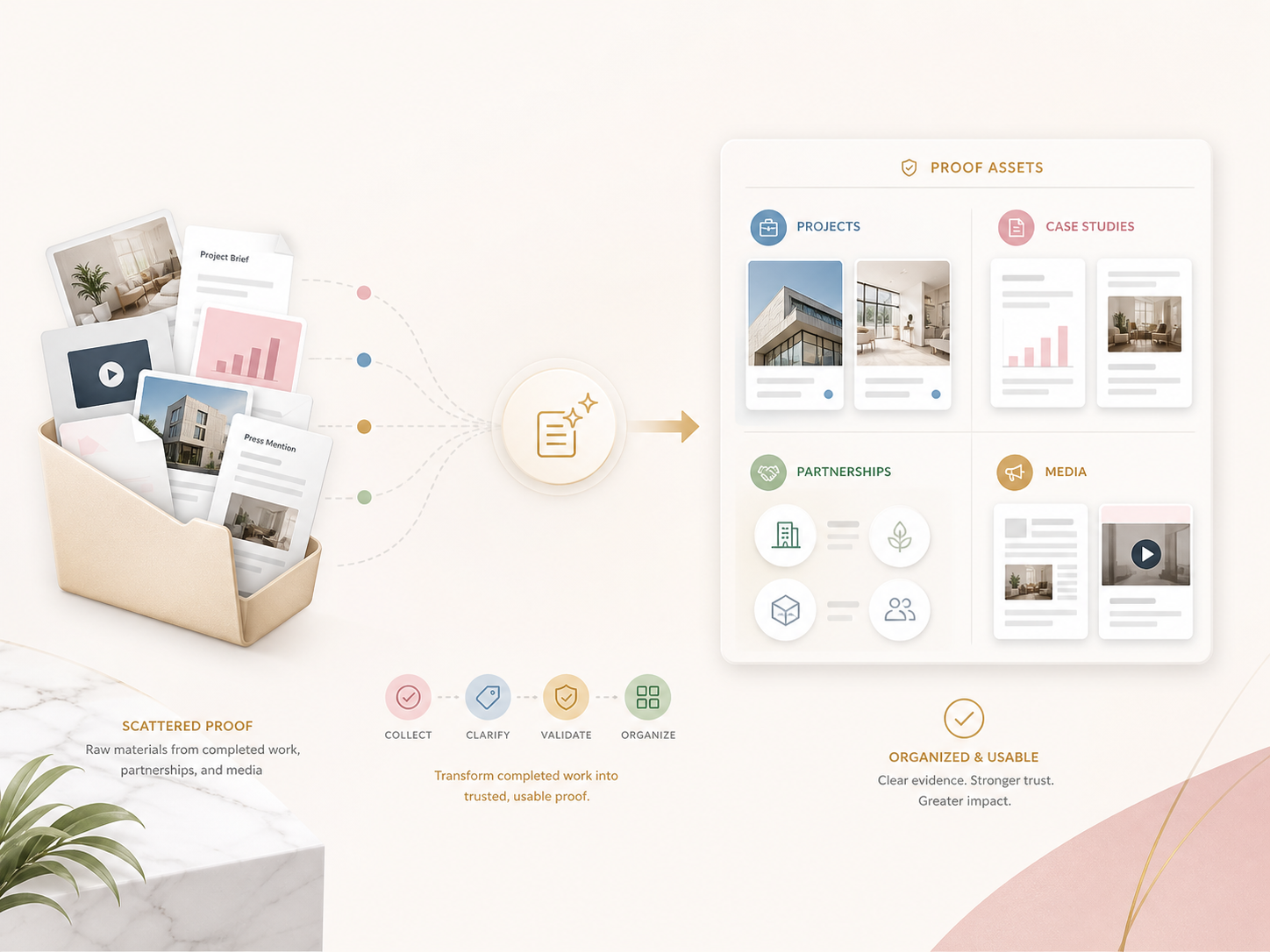 Proof of work collection preview showing completed projects becoming organised proof assets